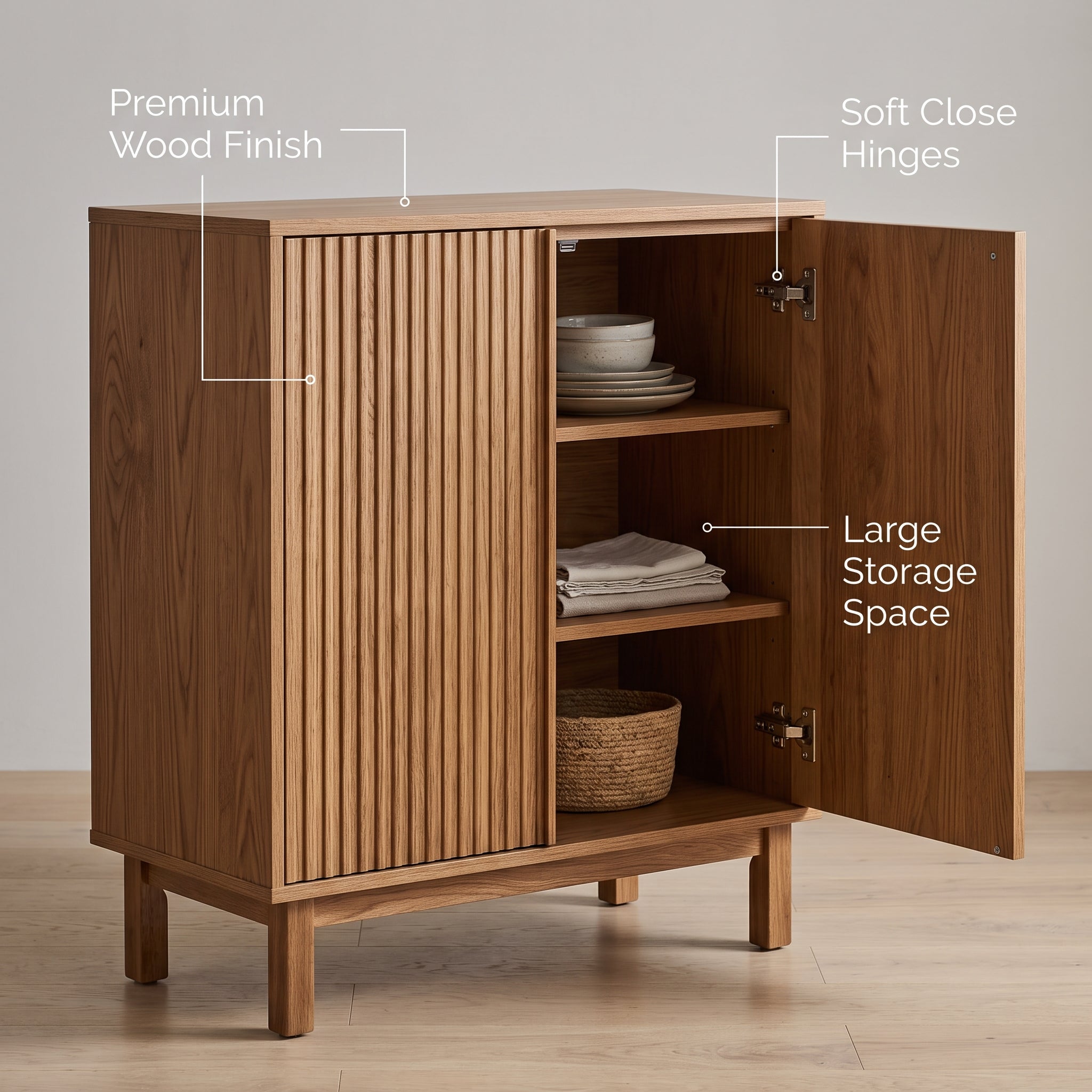 Aria Fluted Storage Cabinet – Contemporary Accent Furniture with Textured Doors and Spacious Storage