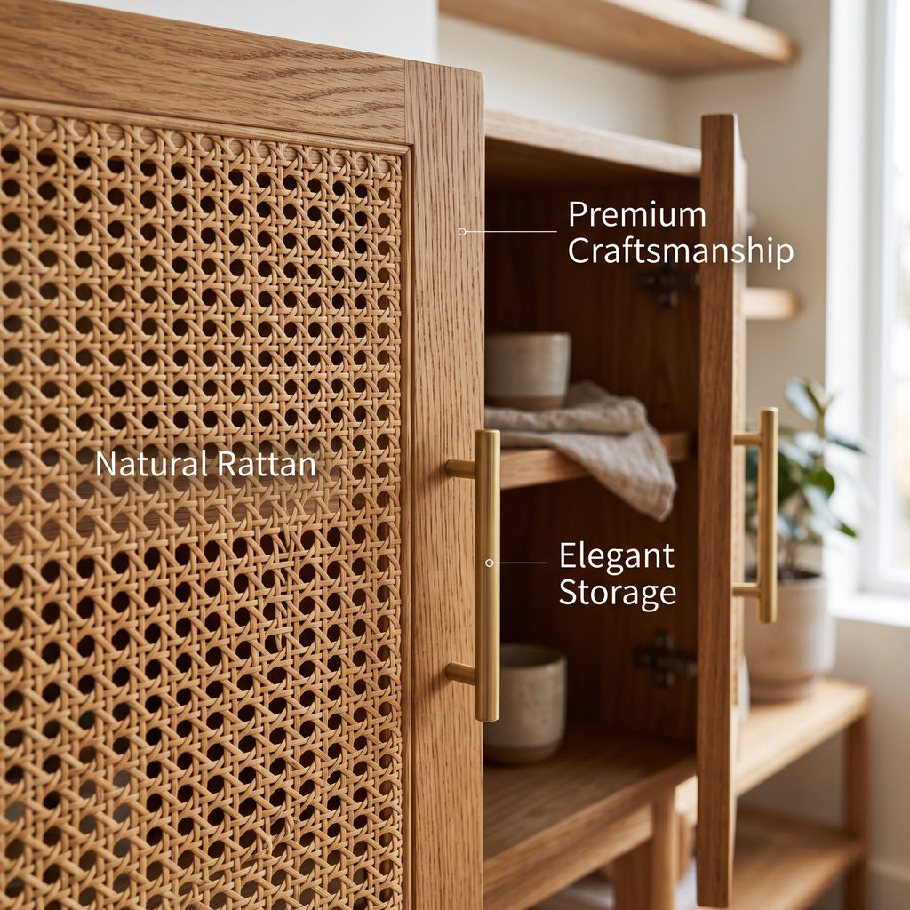 Natural Rattan Side Cabinet – Modern Boho Storage Furniture with Handwoven Detail and Warm Wood Finish
